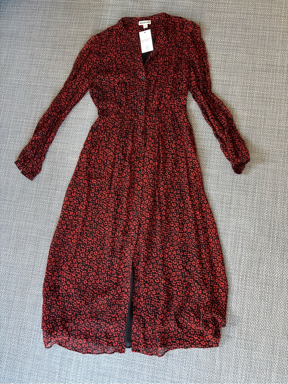 Whistles Red and Black Floral Long-Sleeve Midi Dress